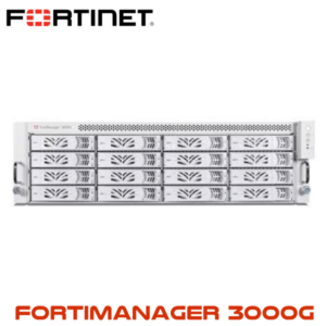 Front view of FortiManager 3000G showing multiple module slots and branding.