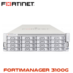 Front view of a FortiManager 3100G device with multiple slots and the Fortinet logo on display.