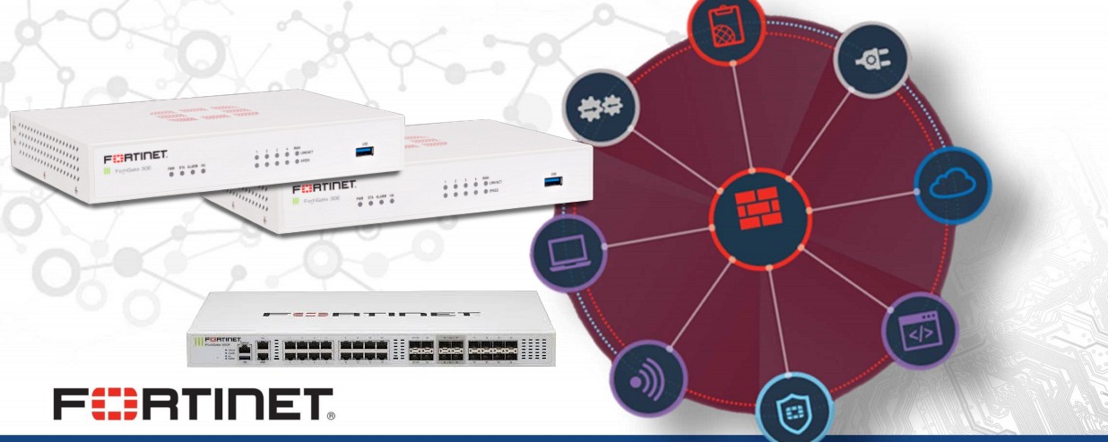 Fortinet network security devices and graphical representation of various cybersecurity services.