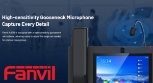 An advertisement showcasing the Fanvil A308's high-sensitivity gooseneck microphone, emphasizing its capability to capture every detail and its adjustable angle feature for precise voice pickup.