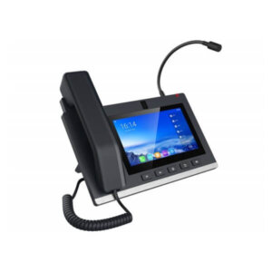 A black desktop IP phone with a large touchscreen display and a flexible microphone attachment isolated on a white background.