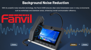 Fanvil A308i desk phone displayed with noise reduction wave graphics emphasizing its clear voice technology feature.