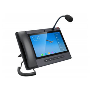 A digital intercom system with a touchscreen display and flexible microphone on a white background