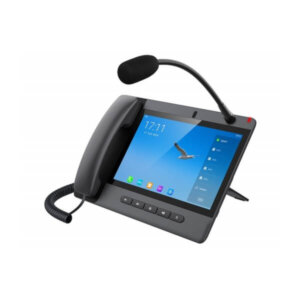 A modern IP desk phone featuring a handset, a flexible microphone arm, and a touchscreen interface displaying time, apps, and a bird wallpaper on a white background.