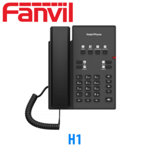 Black Fanvil H1 hotel phone with coiled cord and dedicated service buttons on a white background.