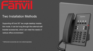 A Fanvil branded office phone showing two installation methods, with text detailing 45° and 50° angle desktop setup options and external wall bracket mounting.