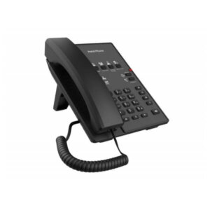 A side view of a black, modern office desk phone with a coiled cord.