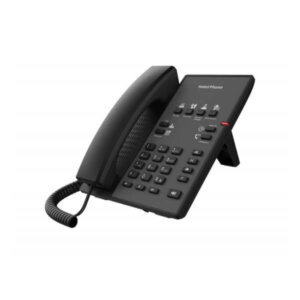 A black office desk phone with multiple buttons and a handset on a white background.