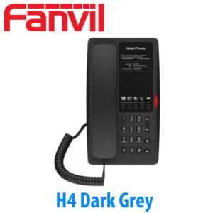 An image of a Fanvil H4 hotel phone in dark grey color with a coiled cable on a white background.