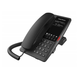 A black hotel telephone with programmable guest service keys and display on a white background