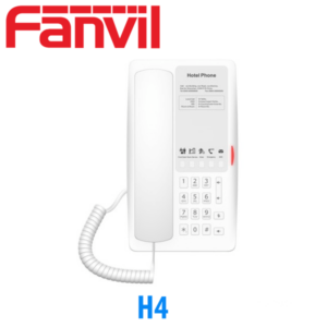 A white Fanvil H4 hotel phone with a coiled handset cord displayed against a white background.