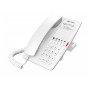 A white landline telephone with multiple buttons, identified as a hotel phone, on a white background.