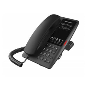 A black hotel phone with multiple buttons and a display on a white background