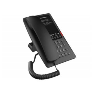 A black desk telephone with a digital display and buttons, coiled cable, isolated on a white background.