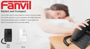 Image showing the Fanvil H4W hotel IP phone in both black and white variations, with a woman lying on a bed in the background, demonstrating the phone's compact and stylish design ideal for hotel use.