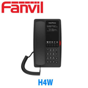 A black Fanvil H4W hotel phone with a handset and keypad on a white background.