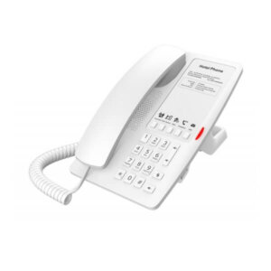 A white hotel phone with multiple buttons and a label reading "Hotel Phone" on a white background