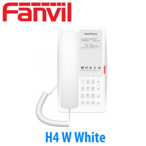 White hotel phone with feature labels, numeric keypad, and a coiled handset cable against a plain background.