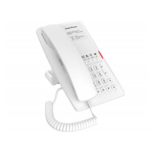 A white landline telephone designed for hotel use, featuring numeric keypad and function buttons, on a white background.