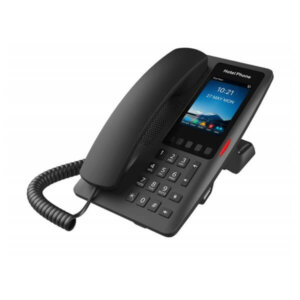 A black desk phone with a digital display showing date and time on a white background.