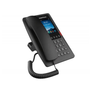 A black office phone with a digital display showing time and date on a white background.