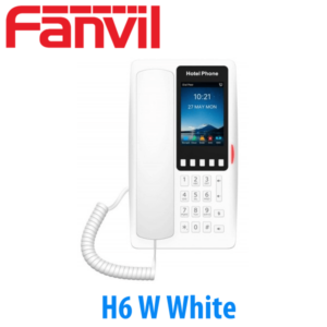 A white Fanvil H6W hotel phone with a digital screen display, numeric keypad, and handset.