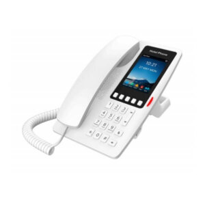 White office telephone with digital display screen and buttons on a white background.