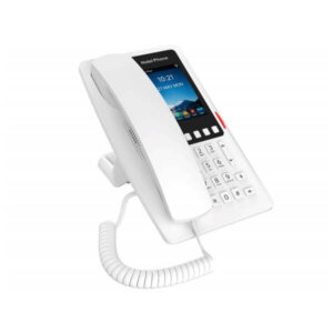 A white modern office telephone with digital screen and keypad displayed on a white background.