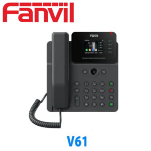 A black Fanvil V61 IP desk phone with a handset and digital display on a white background.