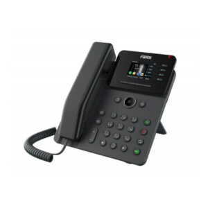 A black desktop office phone with digital display and multiple buttons on a white background