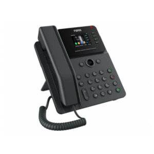 A black desktop office phone with digital display and keypad on a white background.