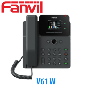 A Fanvil V61W IP telephone with a handset, digital display, and multiple buttons on a white background.