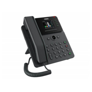 Black desktop office phone with digital display and buttons on a white background.