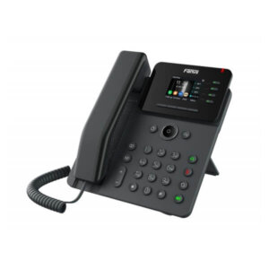 A contemporary desktop telephone with digital display and keypad on a white background