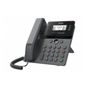 A black desk phone with an LCD display and multiple buttons on a white background.