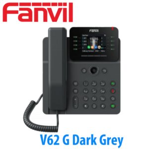 A dark grey Fanvil desktop telephone with a digital display and buttons on a light background.