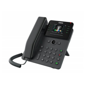 A black modern office desk phone with a digital display and various function buttons on a white background.