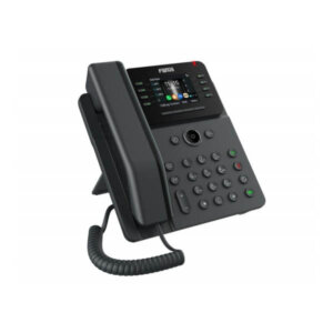 A black desktop office phone with a digital display and multiple function buttons.