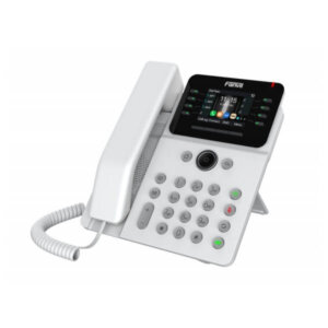 A white desk phone with a digital display and multiple buttons on a white background