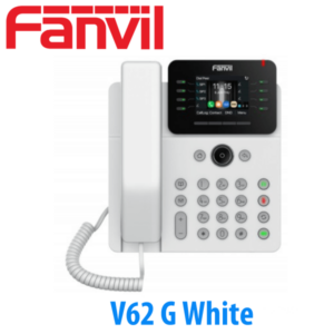 A white Fanvil V62G office phone with a digital display and keypad on a white background.