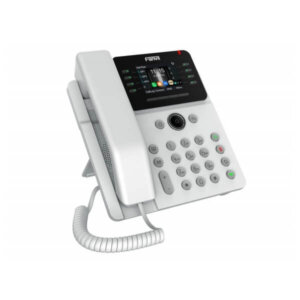 A white office telephone with a digital screen and number keypad on a white background.