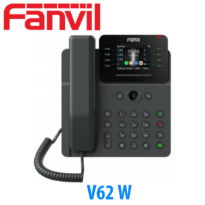 Black Fanvil desktop IP phone with digital display and various buttons, model V62 W.