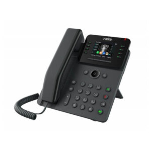 Black desktop telephone with digital display and multiple function buttons on a white background.