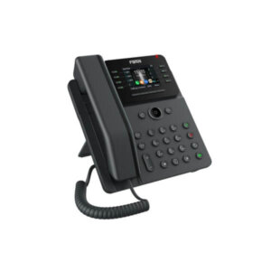 A modern black desktop telephone with a digital display and multiple function buttons.