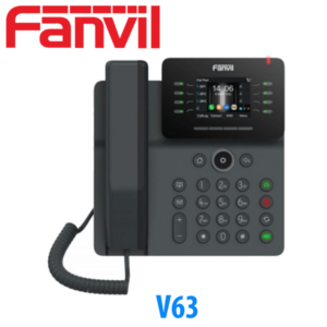 A Fanvil V63 office telephone with LCD screen and multiple function buttons.