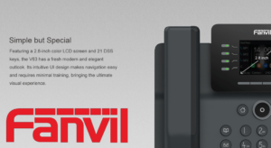 An advertisement image showcasing the sleek design of Fanvil V63 with a color LCD screen and multiple function keys.