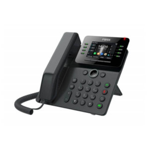 A black desktop IP phone with digital display and multiple buttons on a white background