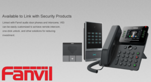 Fanvil audio door phone and IP phone displayed alongside text promoting interoperability and investment savings.