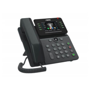 A black desktop office phone with digital display and multiple function buttons.