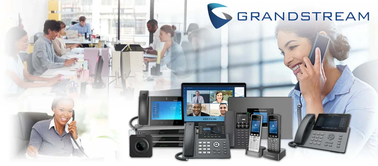 A collage of office workers using various Grandstream communication devices, including phones and video conferencing equipment, with the Grandstream logo visible.